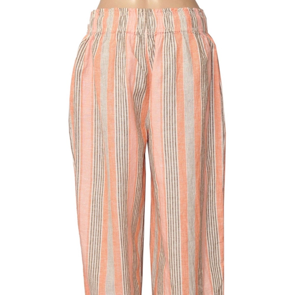 Free People Striped Wide Leg Linen Blend Pants Coral Cream Olive Medium - Picture 3 of 9